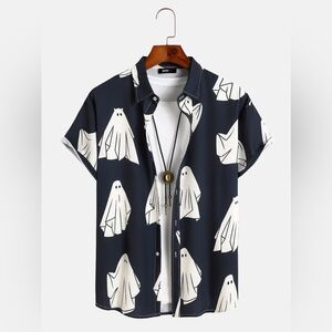 Mens Spooky Ghost Print Short Sleeve Button Up Collared Halloween Shirt